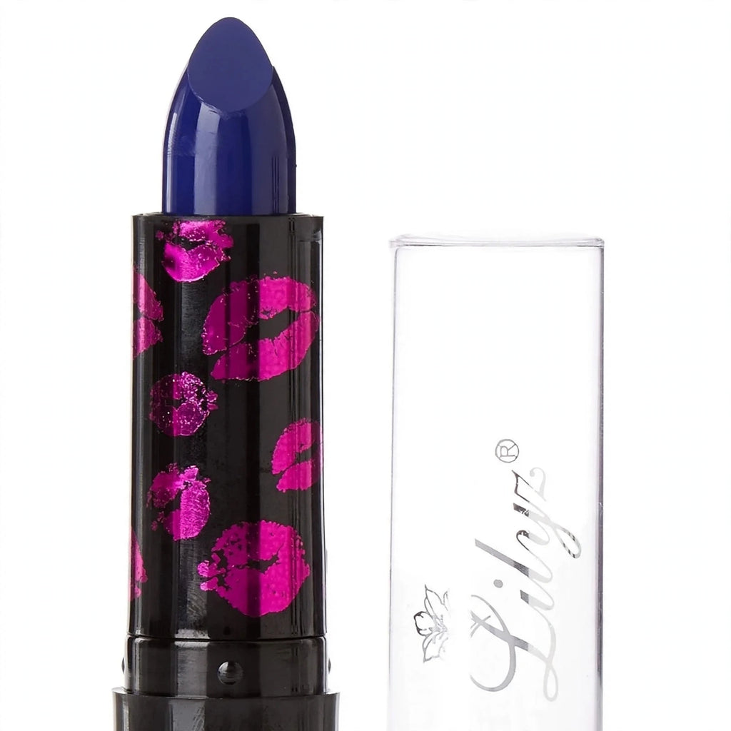 Close-up view of Lilyz Fright Night Halloween Lipstick in Evil Blue