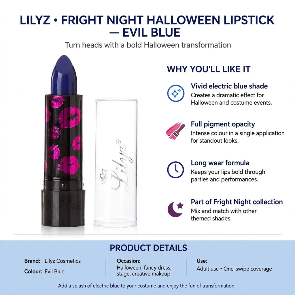 Infographic showing vivid electric blue shade, full pigment opacity, long wear formula, and Fright Night collection
