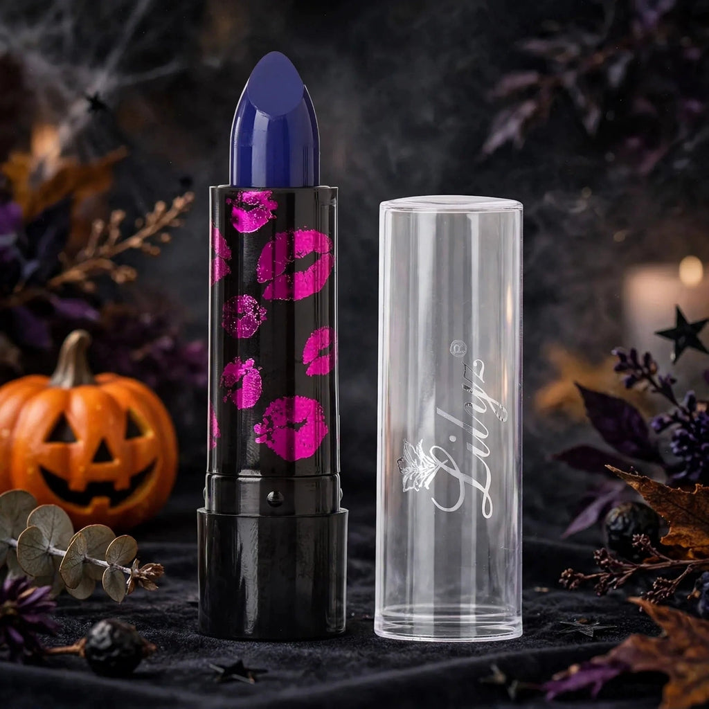 Lips wearing Lilyz Fright Night Halloween Lipstick in Evil Blue for Halloween or costume use