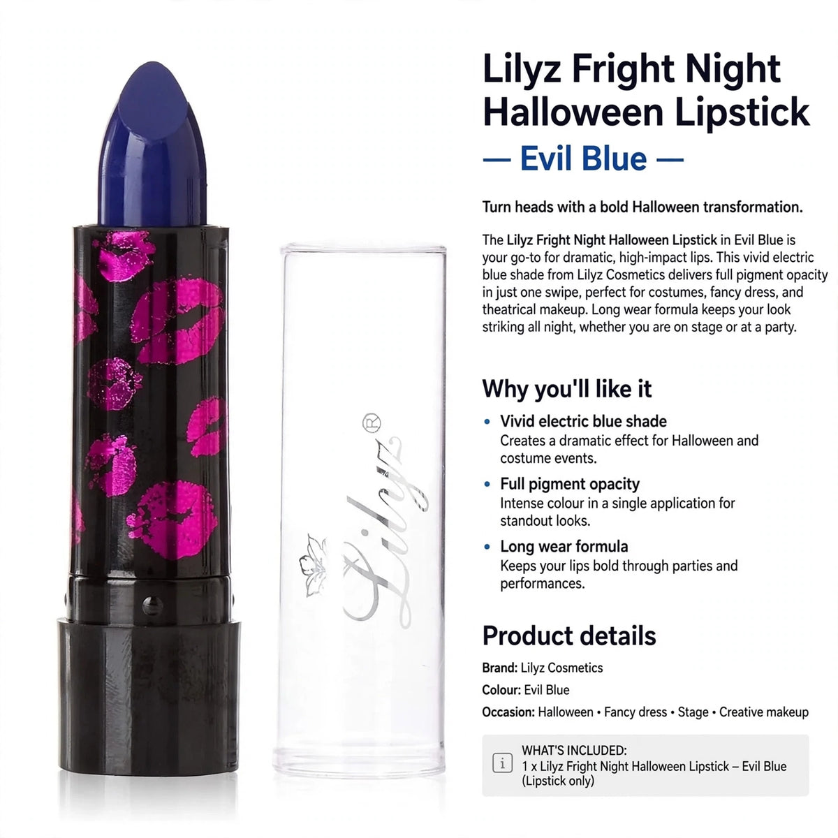 Information about full pigment opacity, long wear formula, and use for Halloween and costume events