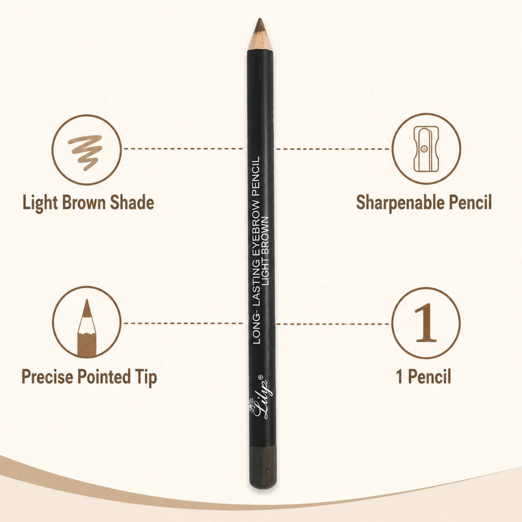 Lilyz Light Brown eyebrow pencil infographic showing shade, sharpenable format, precise tip and one-piece contents
