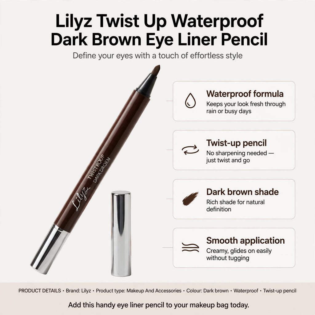 Infographic showing waterproof formula, twist-up design, smooth application, and dark brown colour
