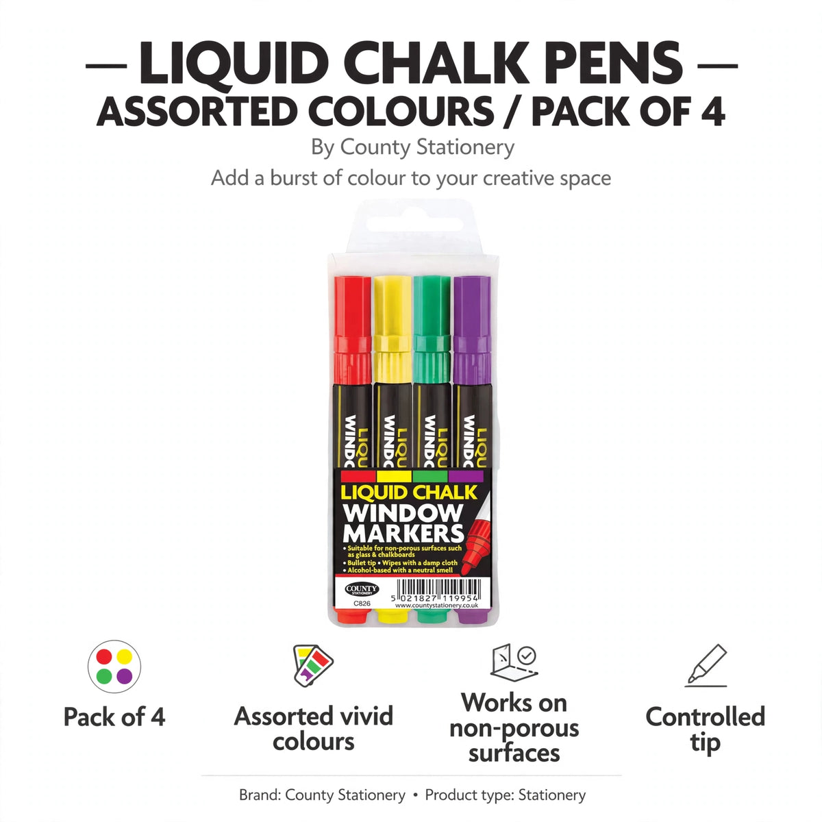 Features of liquid chalk pens including pack of 4, assorted colours, non-porous surface use, and controlled tip