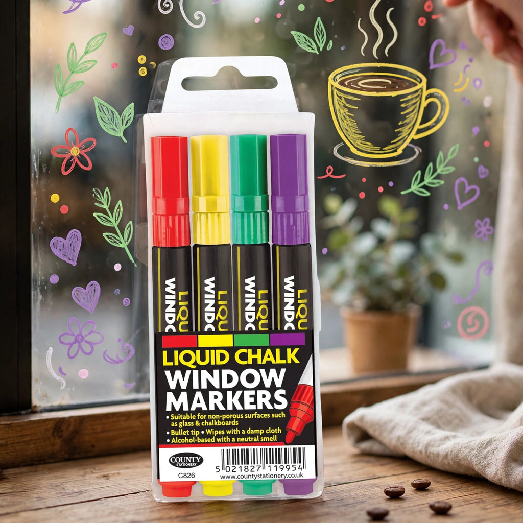 Liquid chalk pens used on a glass surface for colourful creative projects