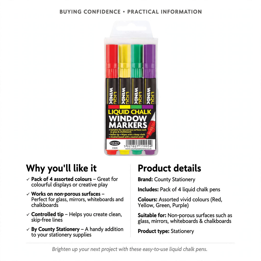Liquid chalk pens suitable for glass, mirrors, whiteboards, and chalkboards in assorted colours