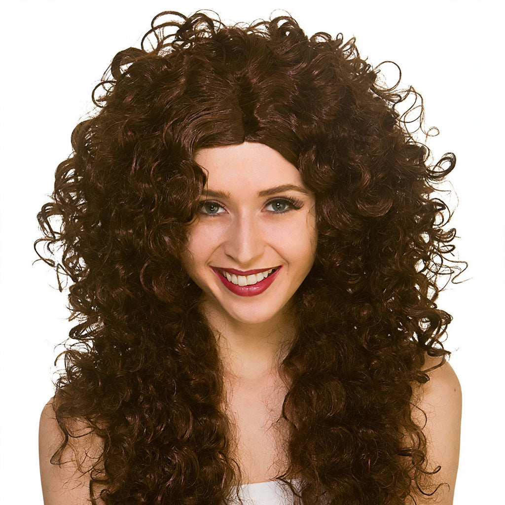 Close-up view of womens long curly brown wig showing curl texture