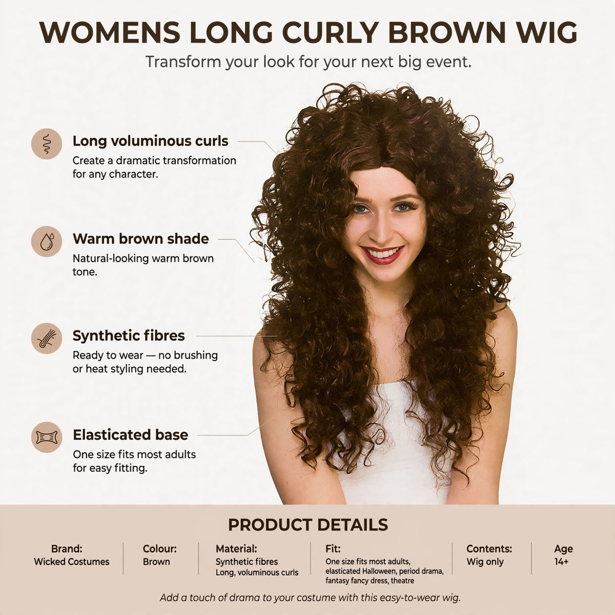 Features long voluminous curls, warm brown shade, synthetic fibres, elasticated base