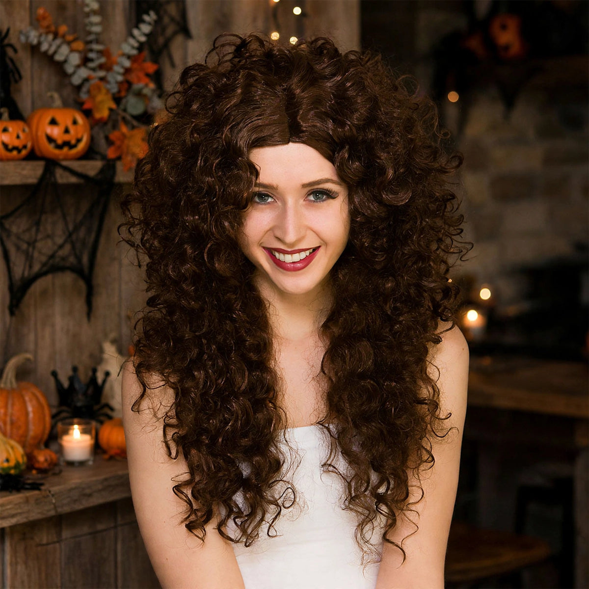 Womens long curly brown wig styled for Halloween costume