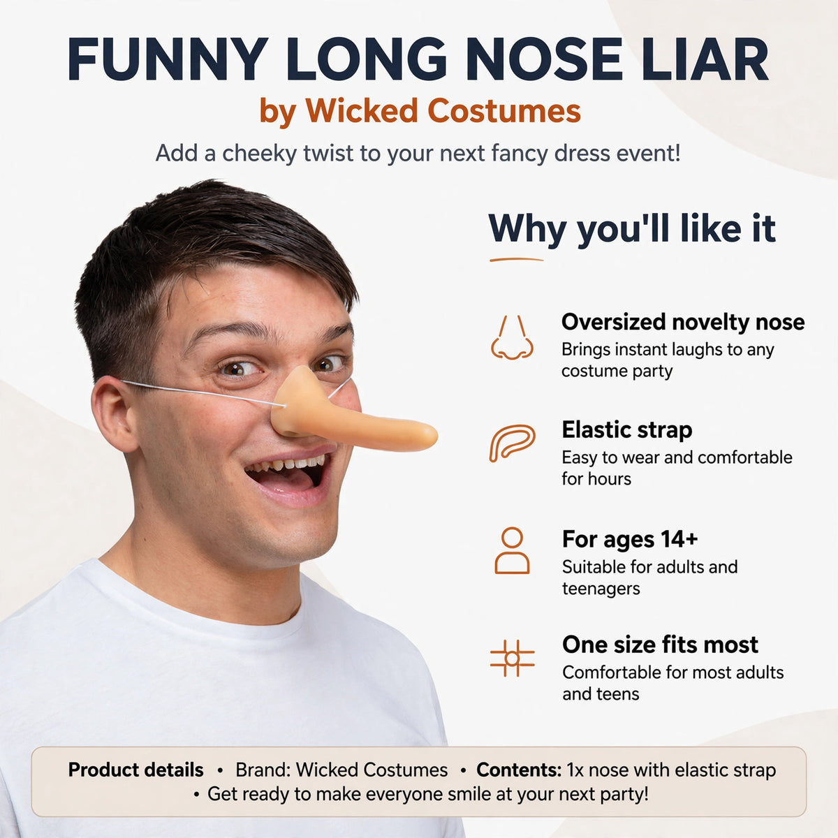 Features oversized novelty nose and elastic strap for adults and teenagers aged 14 and up