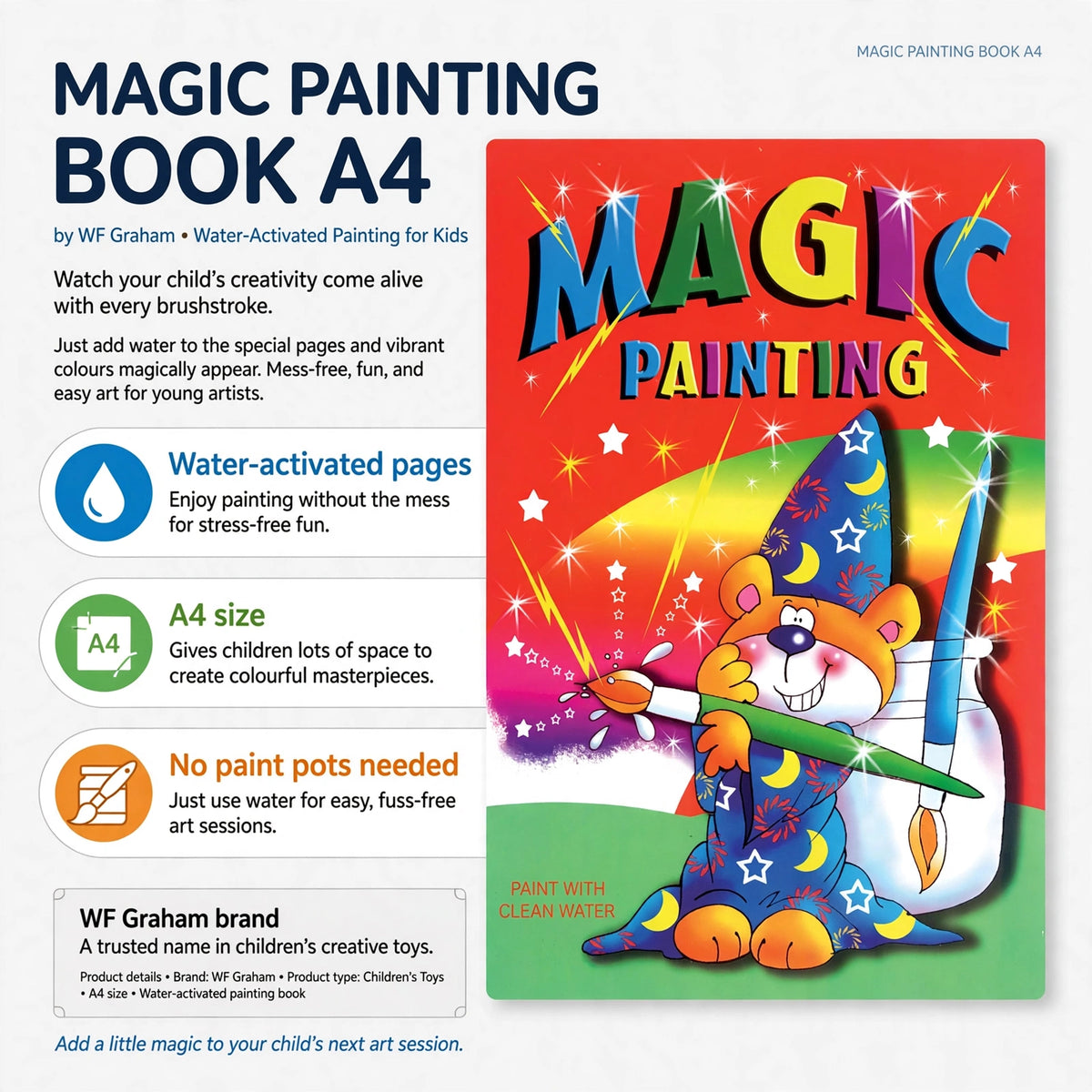 Infographic showing water-activated pages and A4 size features