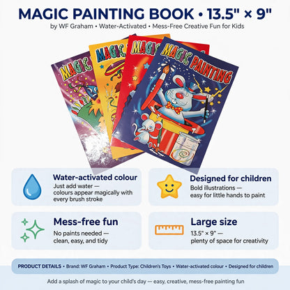 Infographic showing water-activated colour, designed for children, mess-free fun, and large size features
