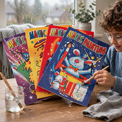 Child using Magic Painting Book during a rainy day at home