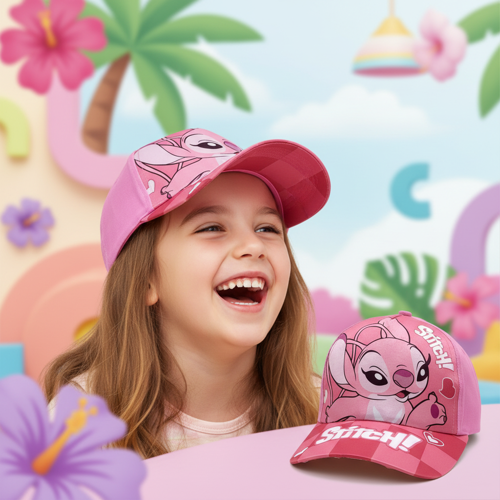 Girls Stitch & Angel Pink Baseball Cap - Adjustable, Lightweight Polyester