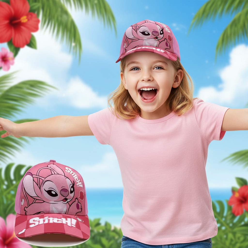 Girls Stitch & Angel Pink Baseball Cap - Adjustable, Lightweight Polyester