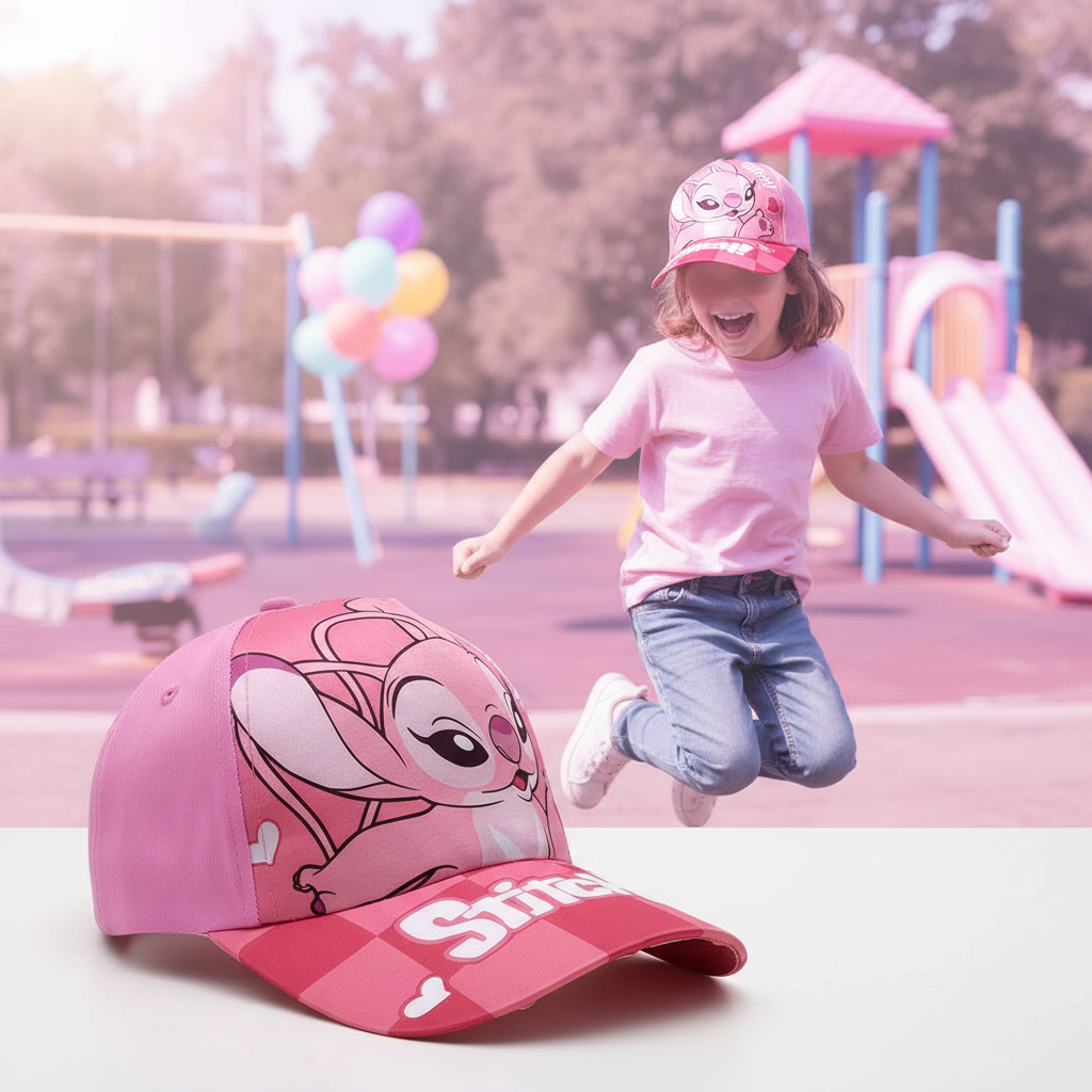 Girls Stitch & Angel Pink Baseball Cap - Adjustable, Lightweight Polyester
