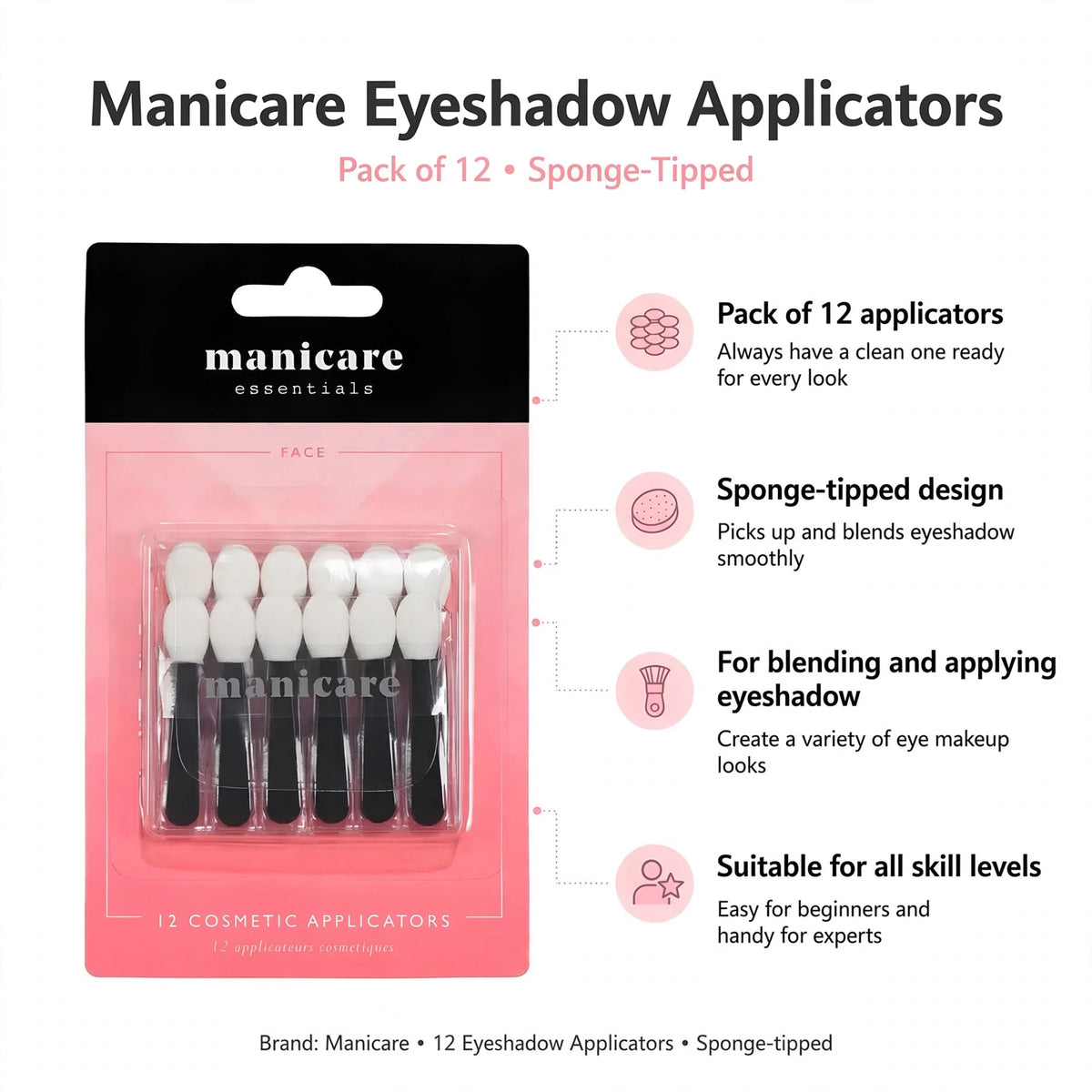 Infographic showing pack of 12 sponge-tipped eyeshadow applicators for blending and applying eyeshadow