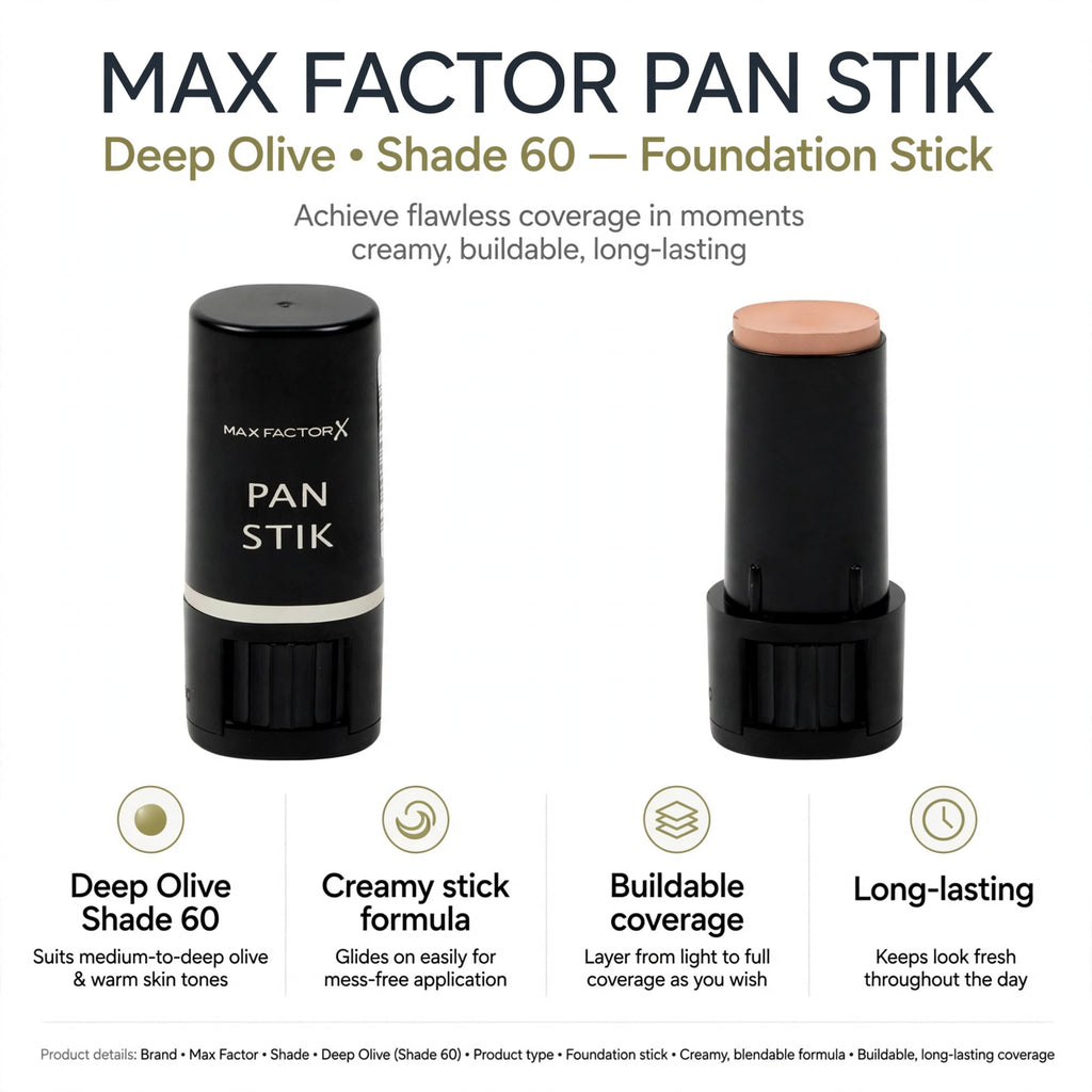 Features of Max Factor Pan Stik including Deep Olive Shade 60, creamy stick formula, buildable and long-lasting coverage