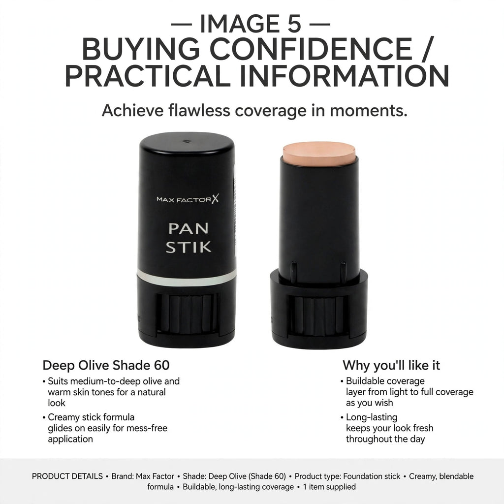 Max Factor Pan Stik foundation stick offers buildable coverage with a creamy formula in Deep Olive Shade 60