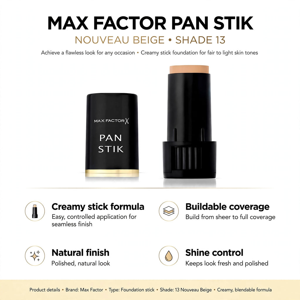 Max Factor Pan Stik features creamy stick formula, buildable coverage, natural finish, and shine control