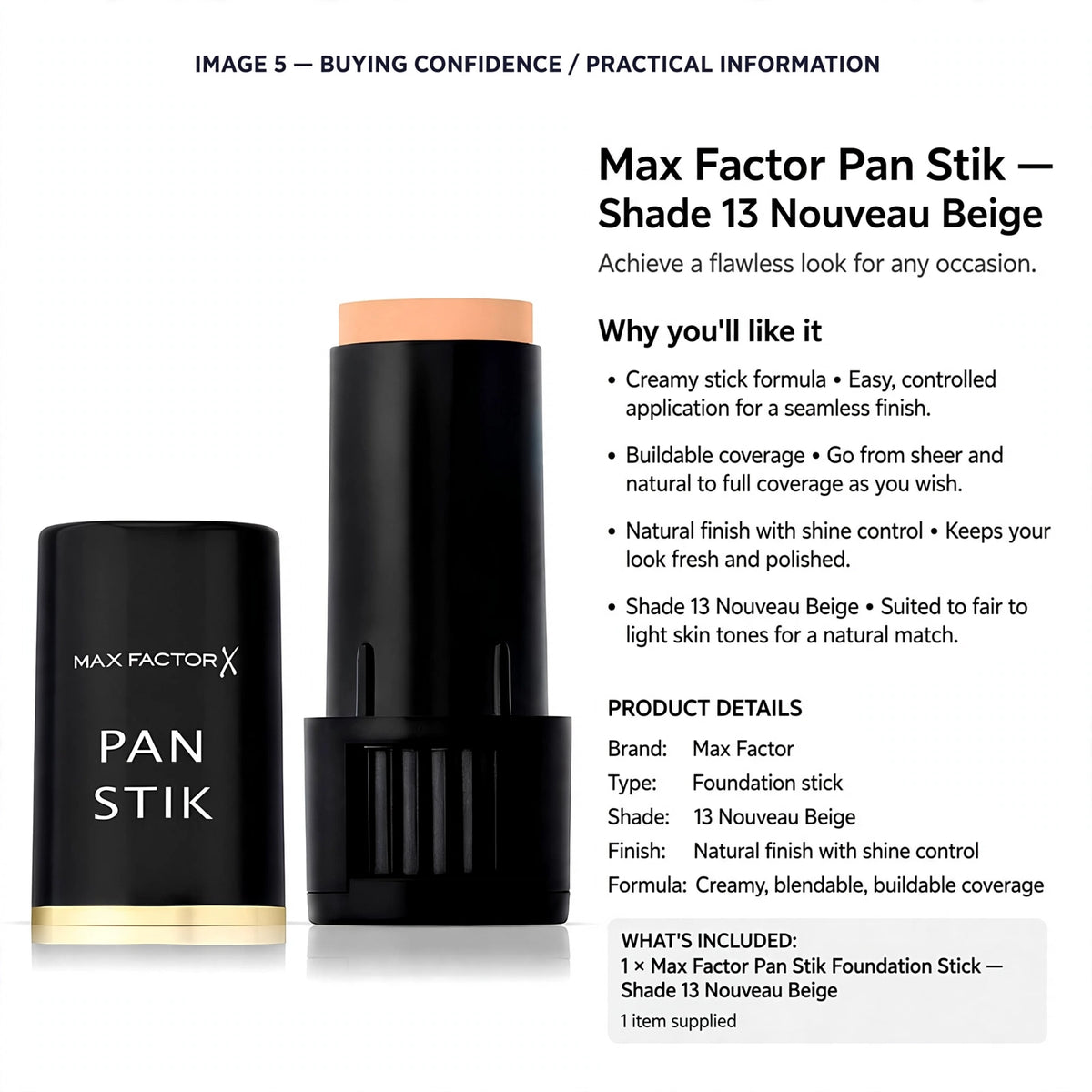 Max Factor Pan Stik foundation stick offers buildable coverage and shine control for a polished look
