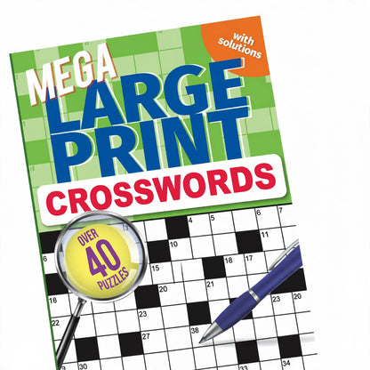 Close-up view of Mega Large Print Crossword Book showing large print crossword grid and clues