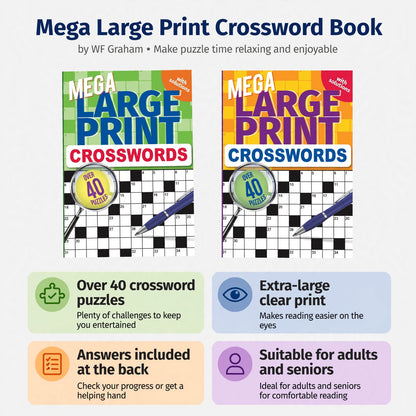 Infographic showing features of Mega Large Print Crossword Book including over 40 puzzles and large print
