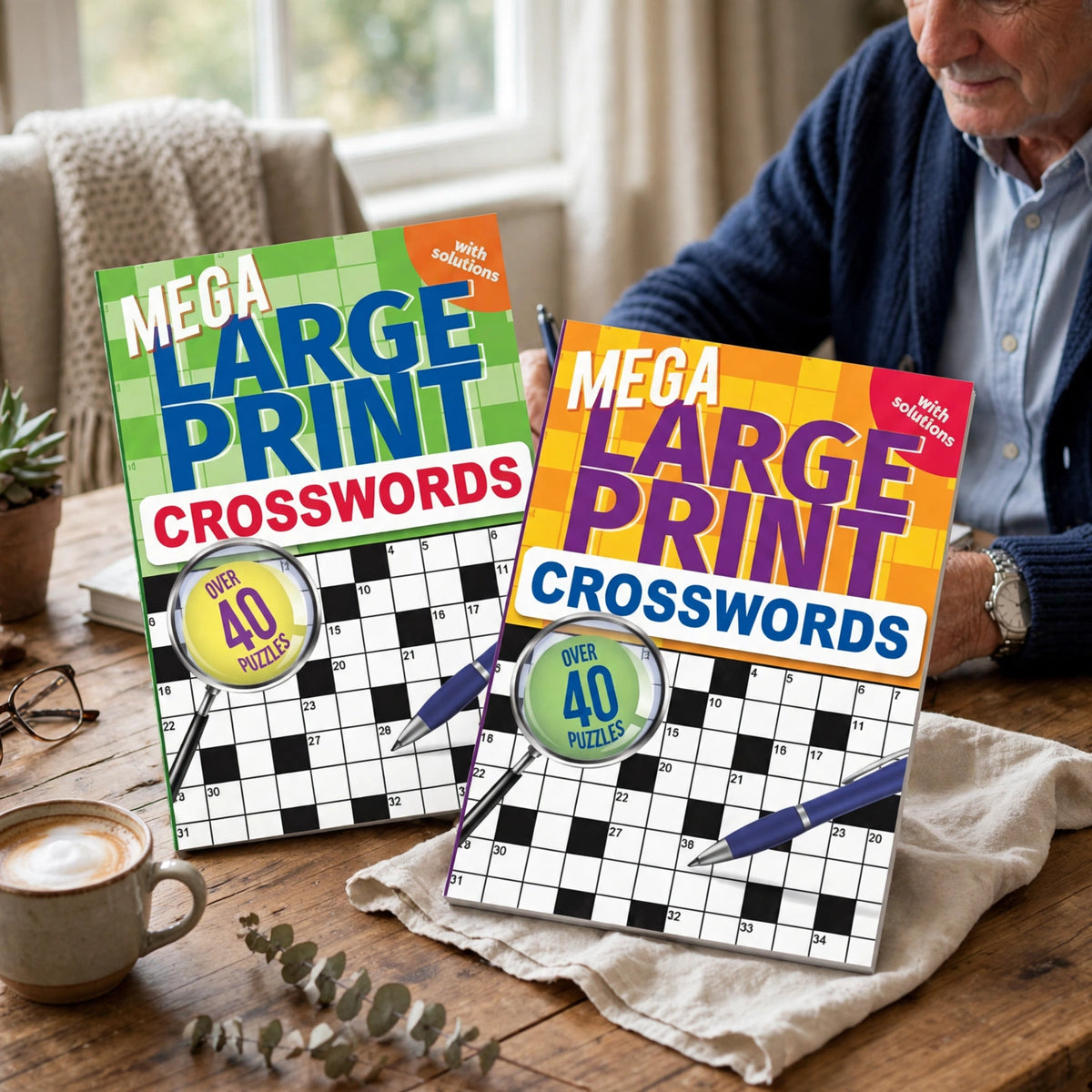 Person using Mega Large Print Crossword Book for puzzle solving