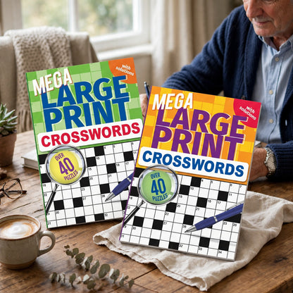 Person using Mega Large Print Crossword Book for puzzle solving