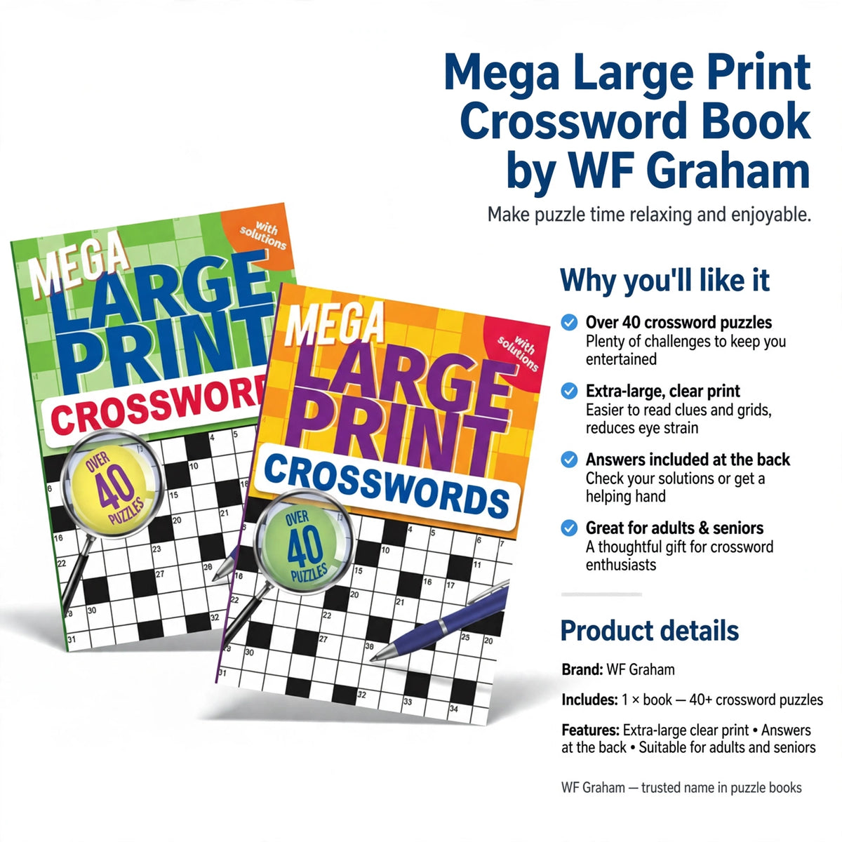 Information about Mega Large Print Crossword Book including answers at the back and suitability for adults and seniors