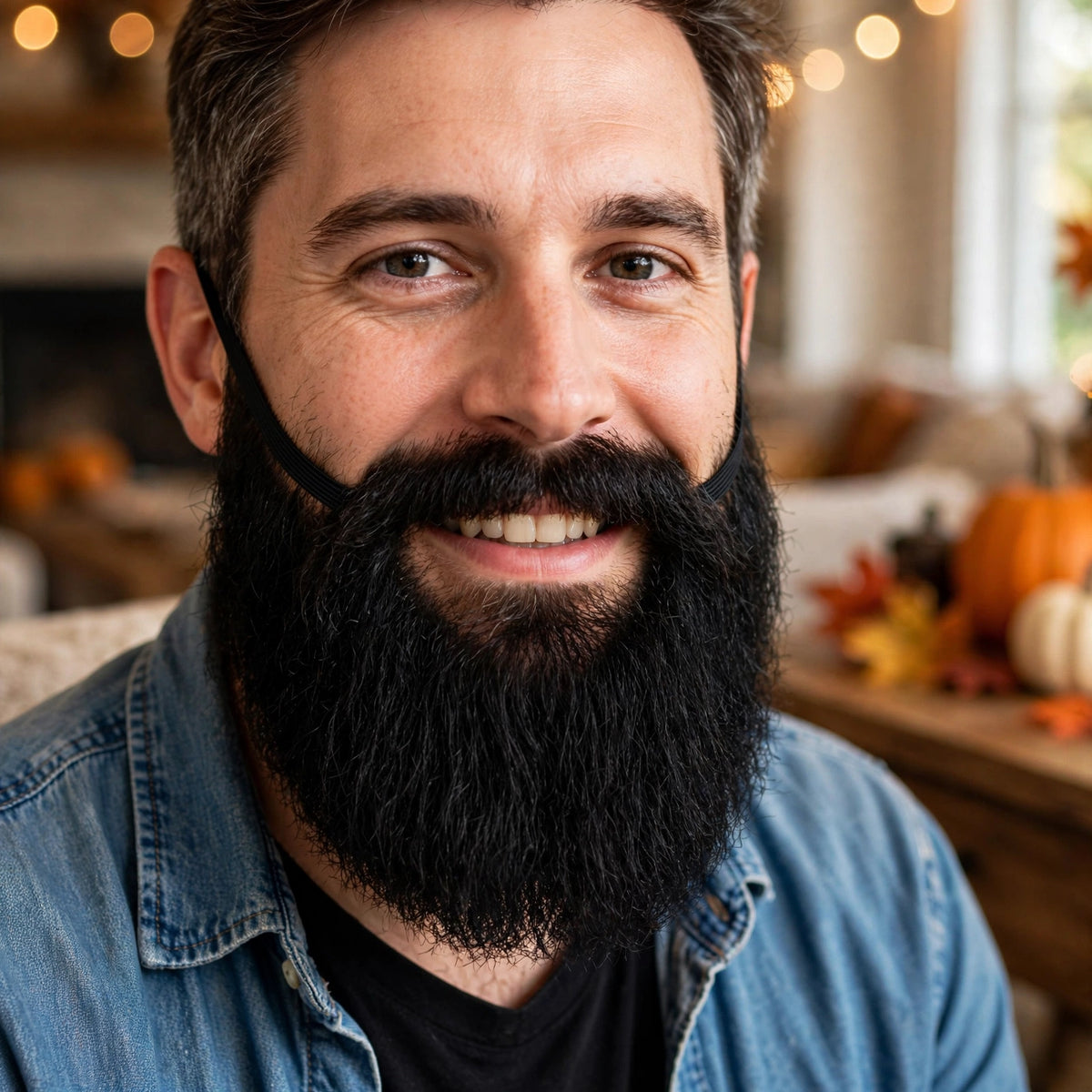 Mens black fancy dress beard worn as part of a costume for parties or Halloween