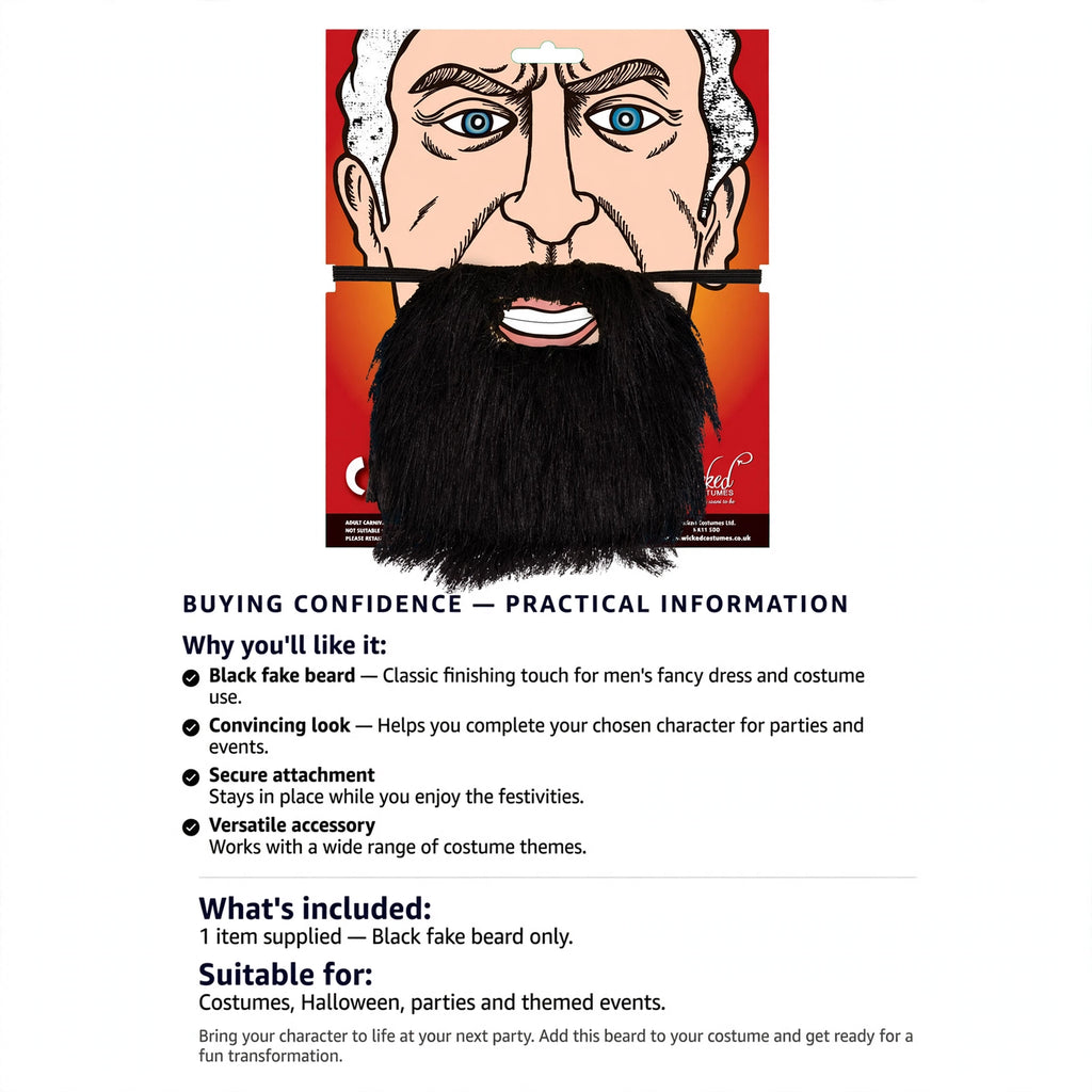 Black beard accessory for costumes, Halloween, and parties by Wicked Costumes