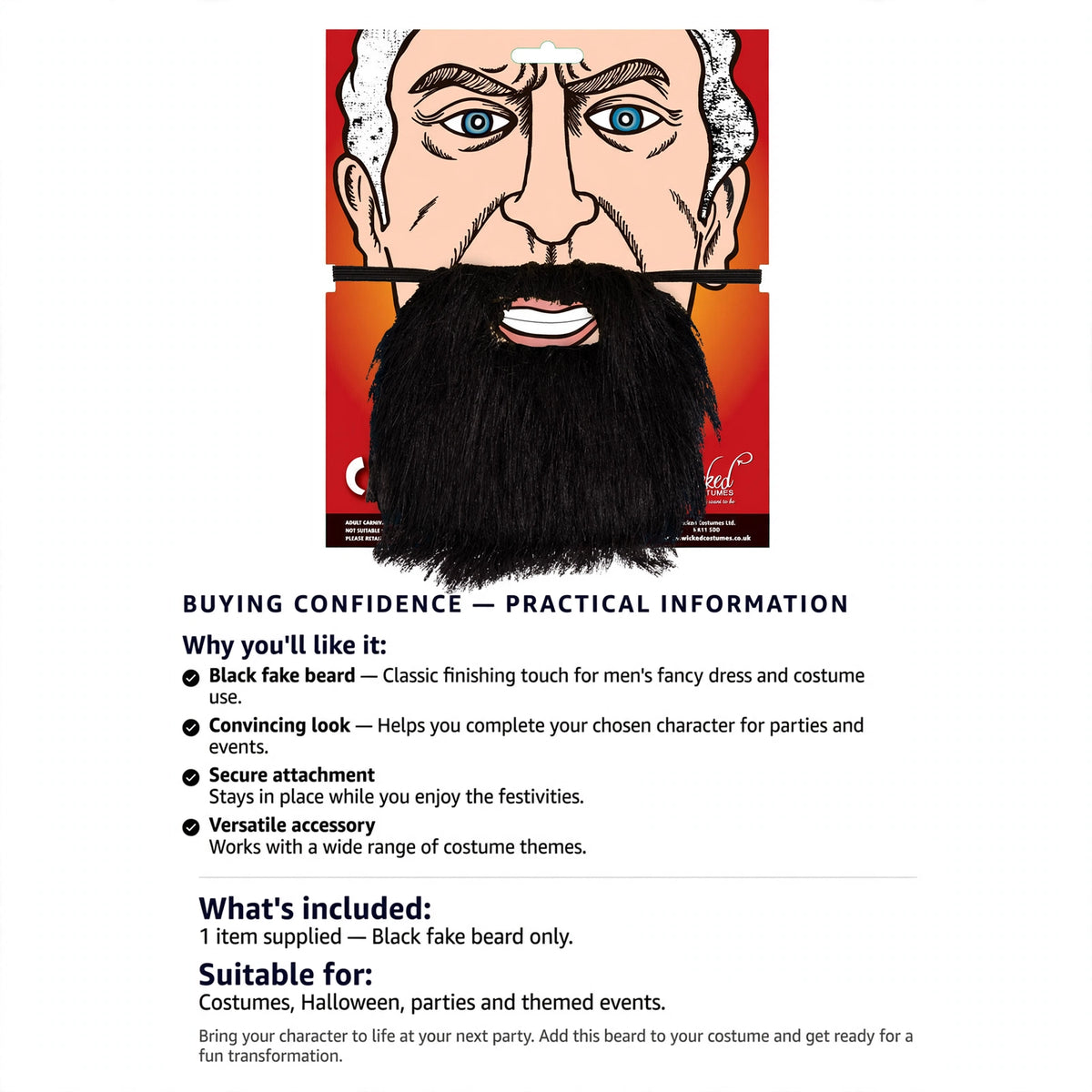 Black beard accessory for costumes, Halloween, and parties by Wicked Costumes