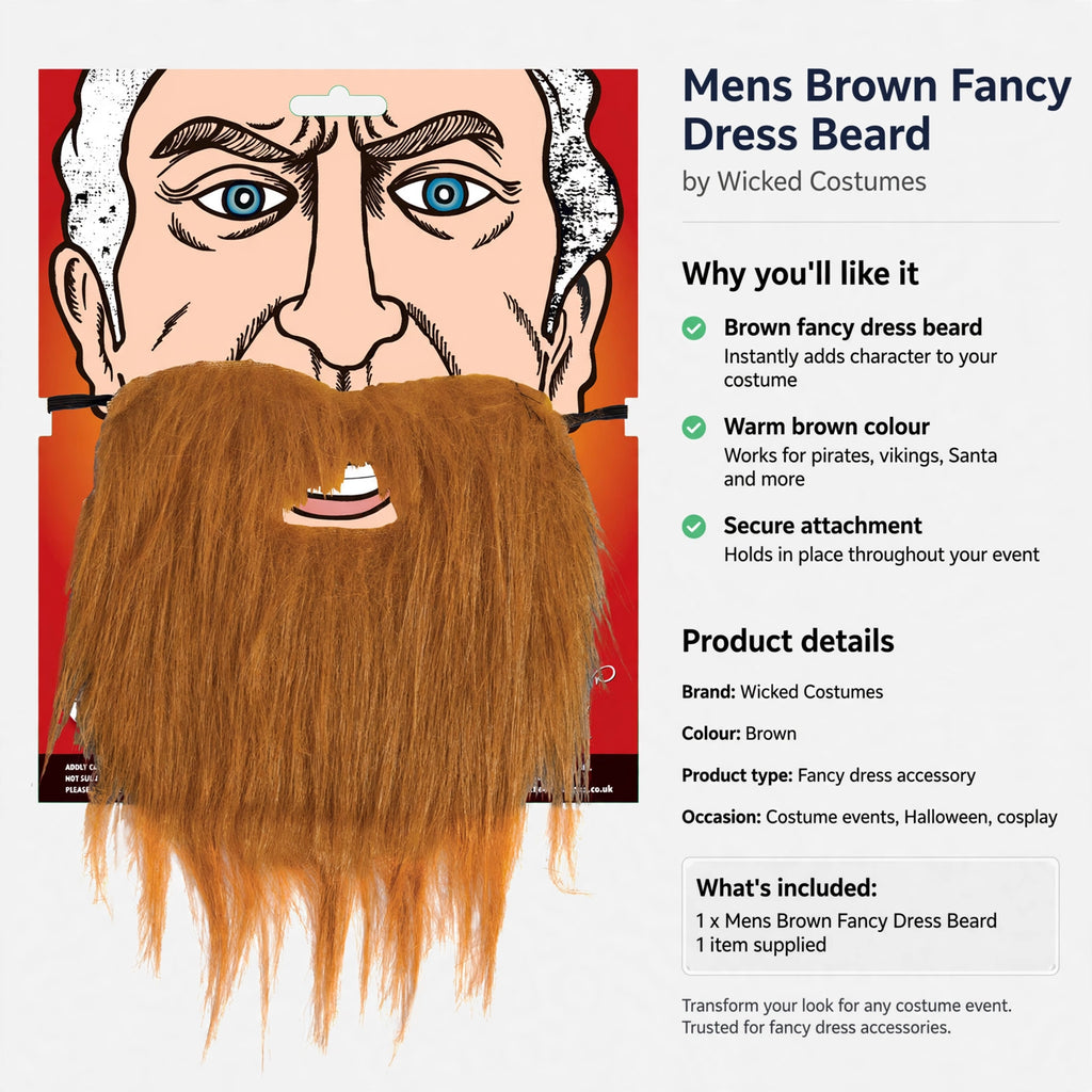 Brown fancy dress beard for costume events, Halloween, and cosplay