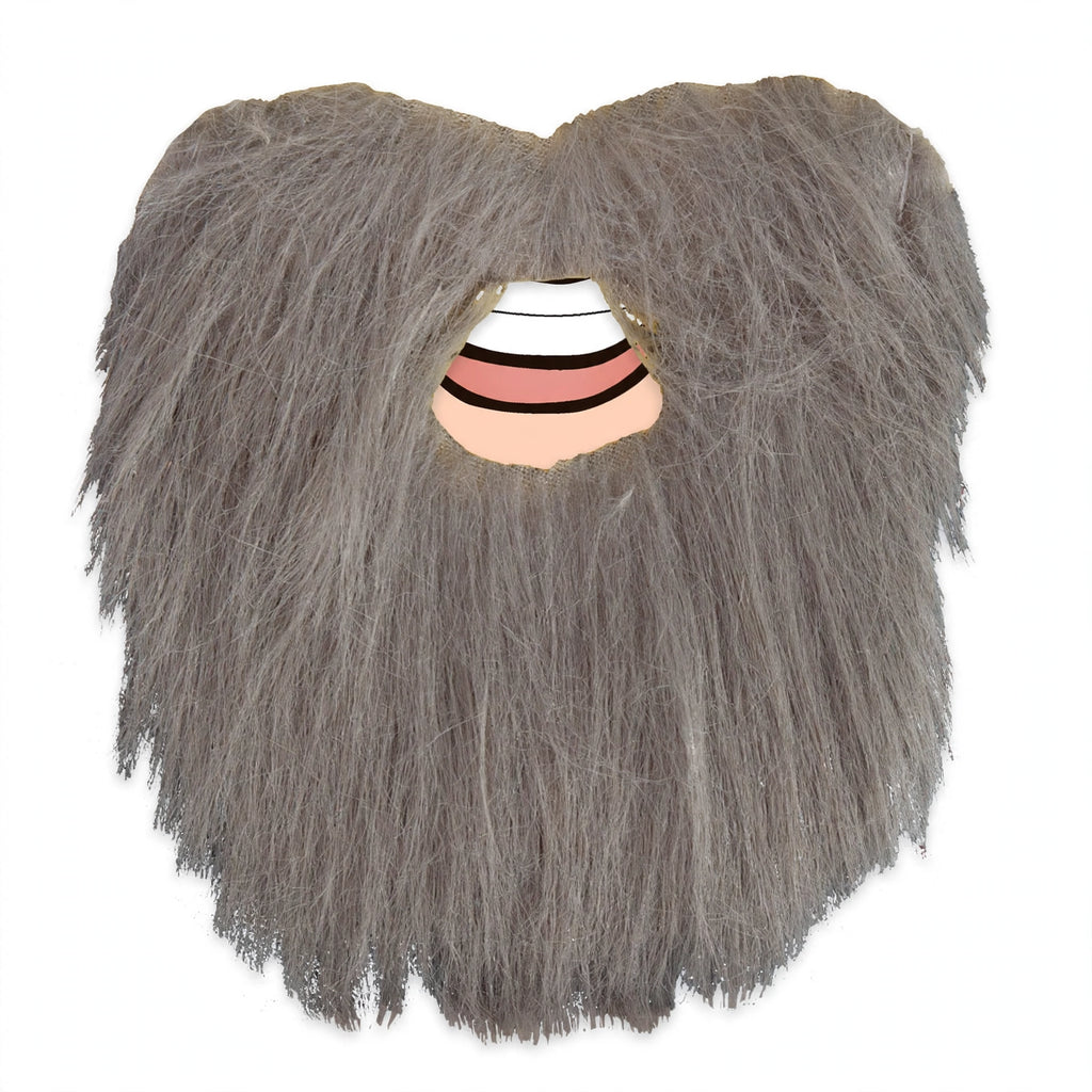 Close-up view of mens grey fancy dress beard showing texture and attachment