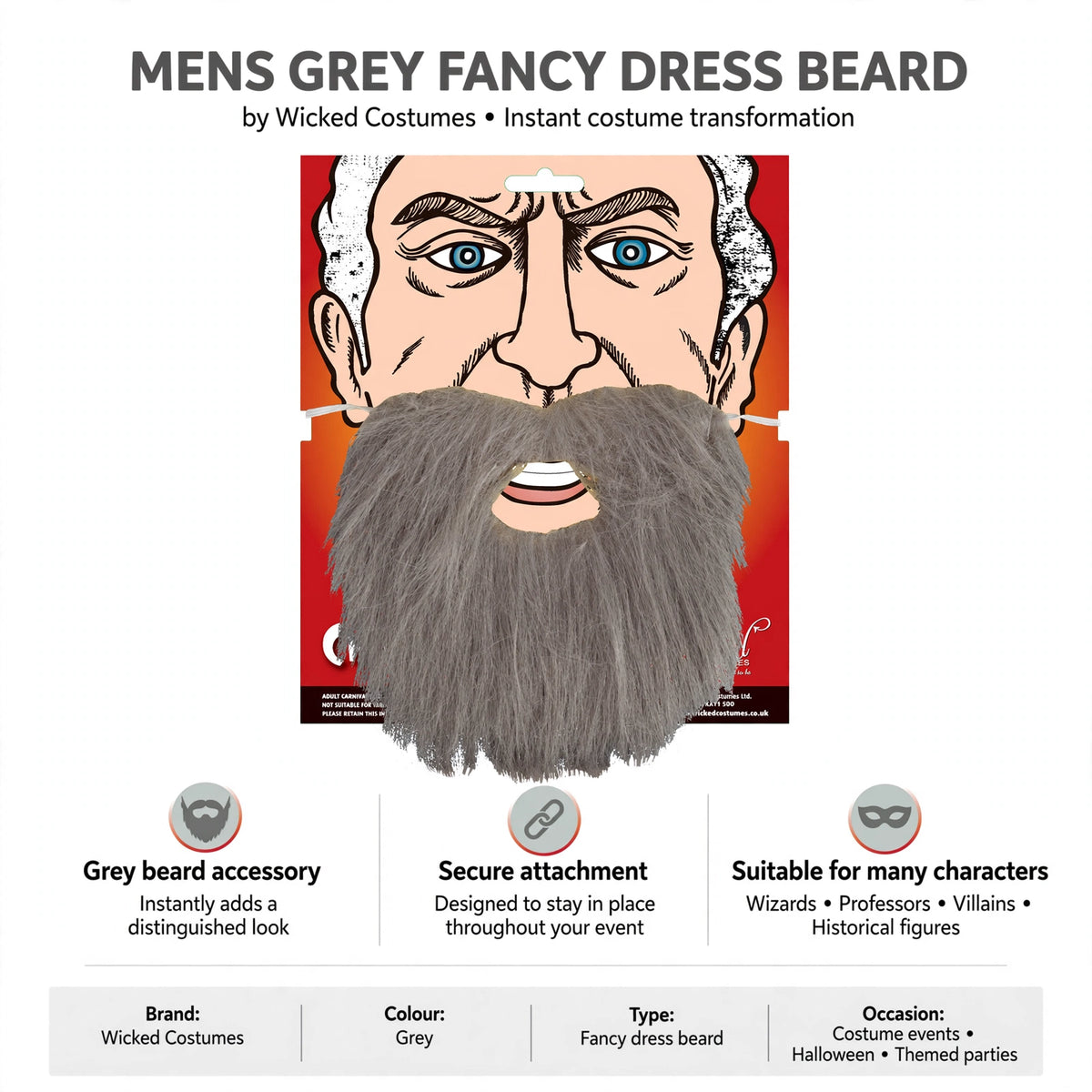 Features grey beard accessory, secure attachment, suitable for wizards professors villains
