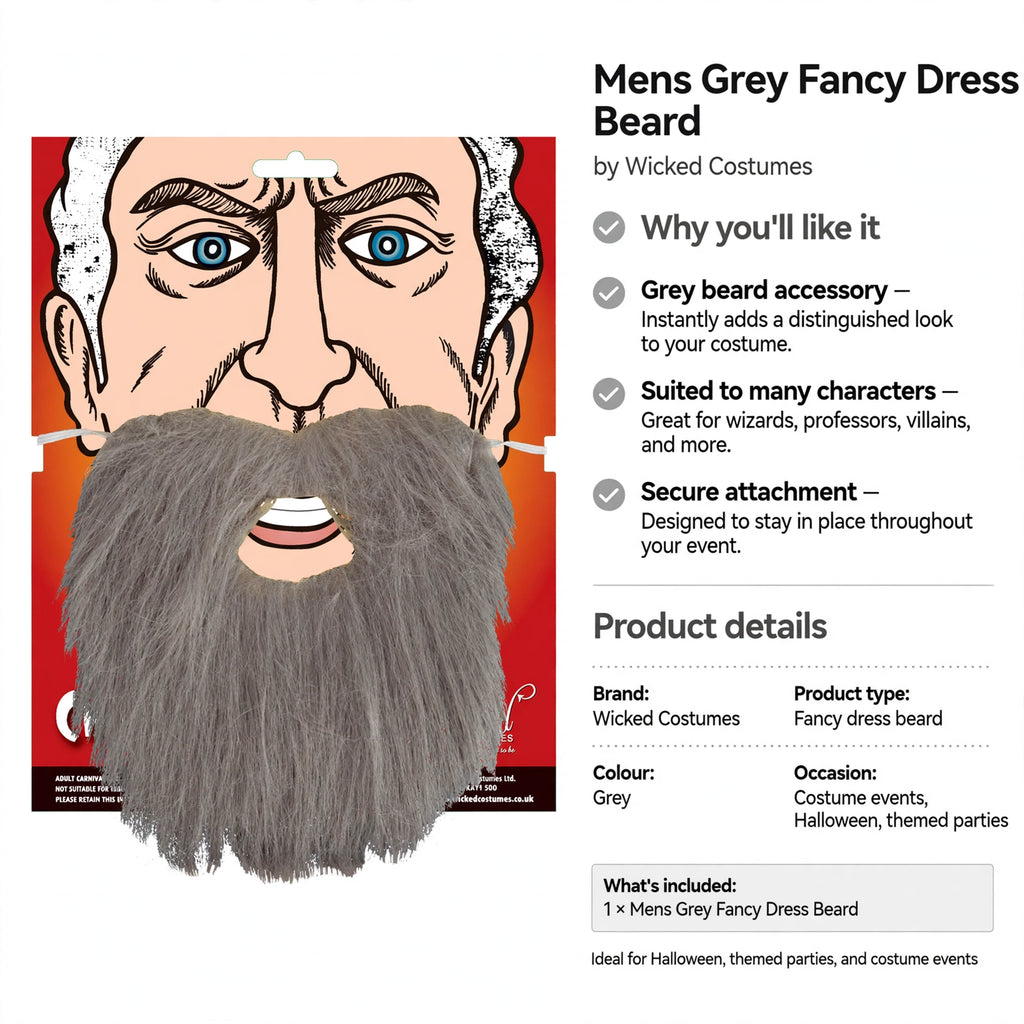 Mens grey fancy dress beard designed to stay in place during costume events
