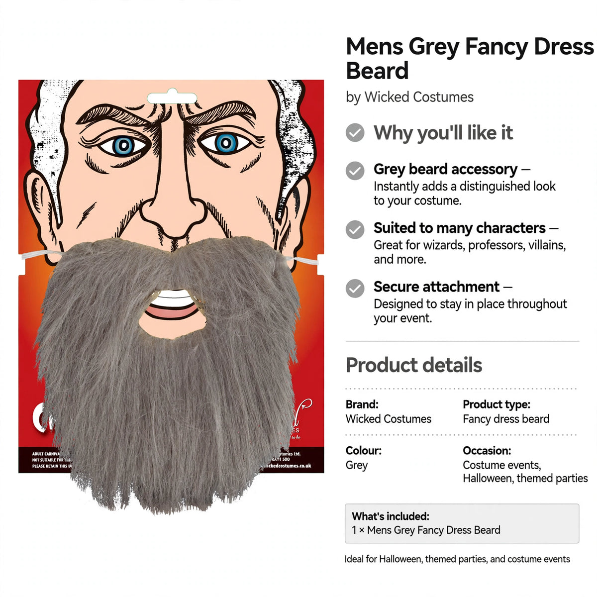 Mens grey fancy dress beard designed to stay in place during costume events