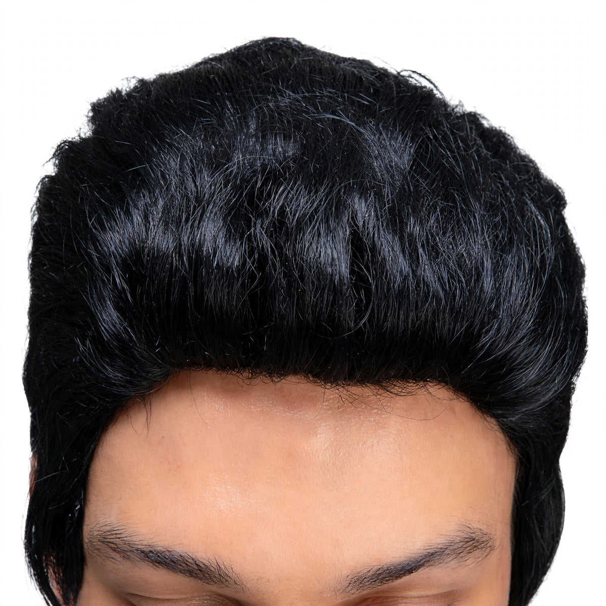 Close-up view of men's 1950s black rocker wig showing slick swept-back style