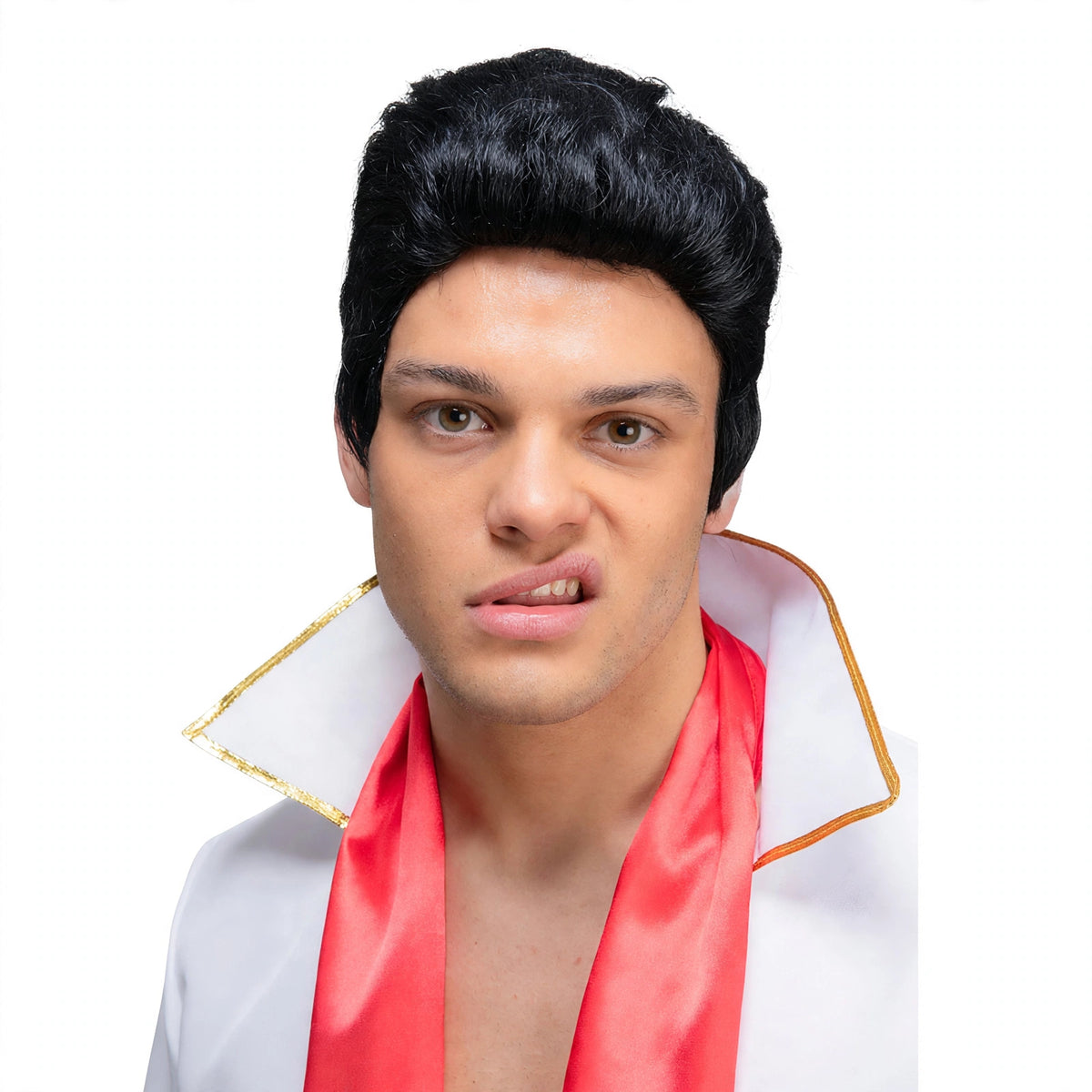 Men's 1950s black rocker wig with slick swept-back style