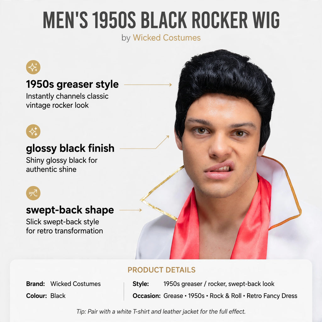 Features classic 1950s greaser style, glossy black finish, and swept-back shape