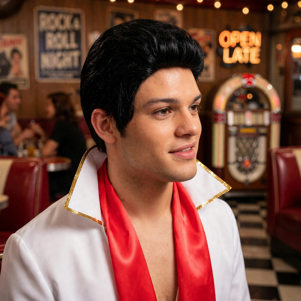 Men wearing 1950s black rocker wig styled for retro fancy dress event