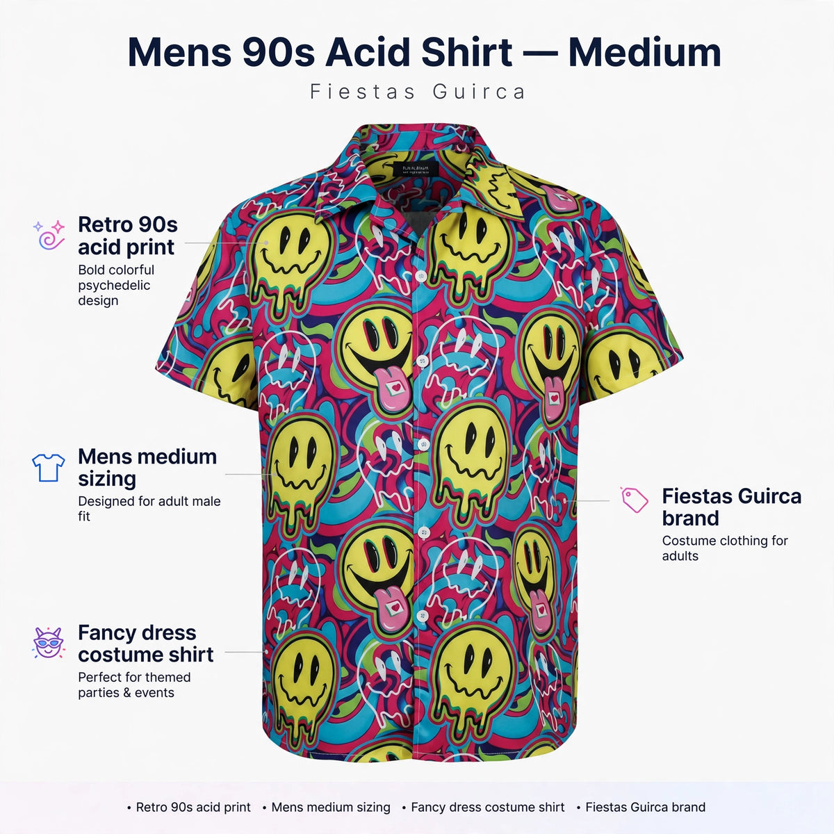 Infographic showing retro 90s acid print and mens medium sizing