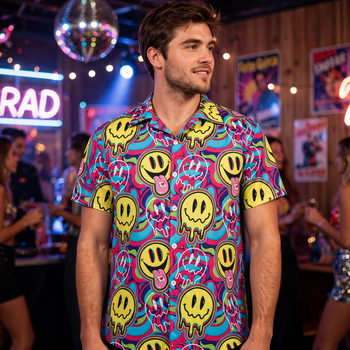 Mens 90s Acid Shirt worn for a retro themed party or fancy dress event