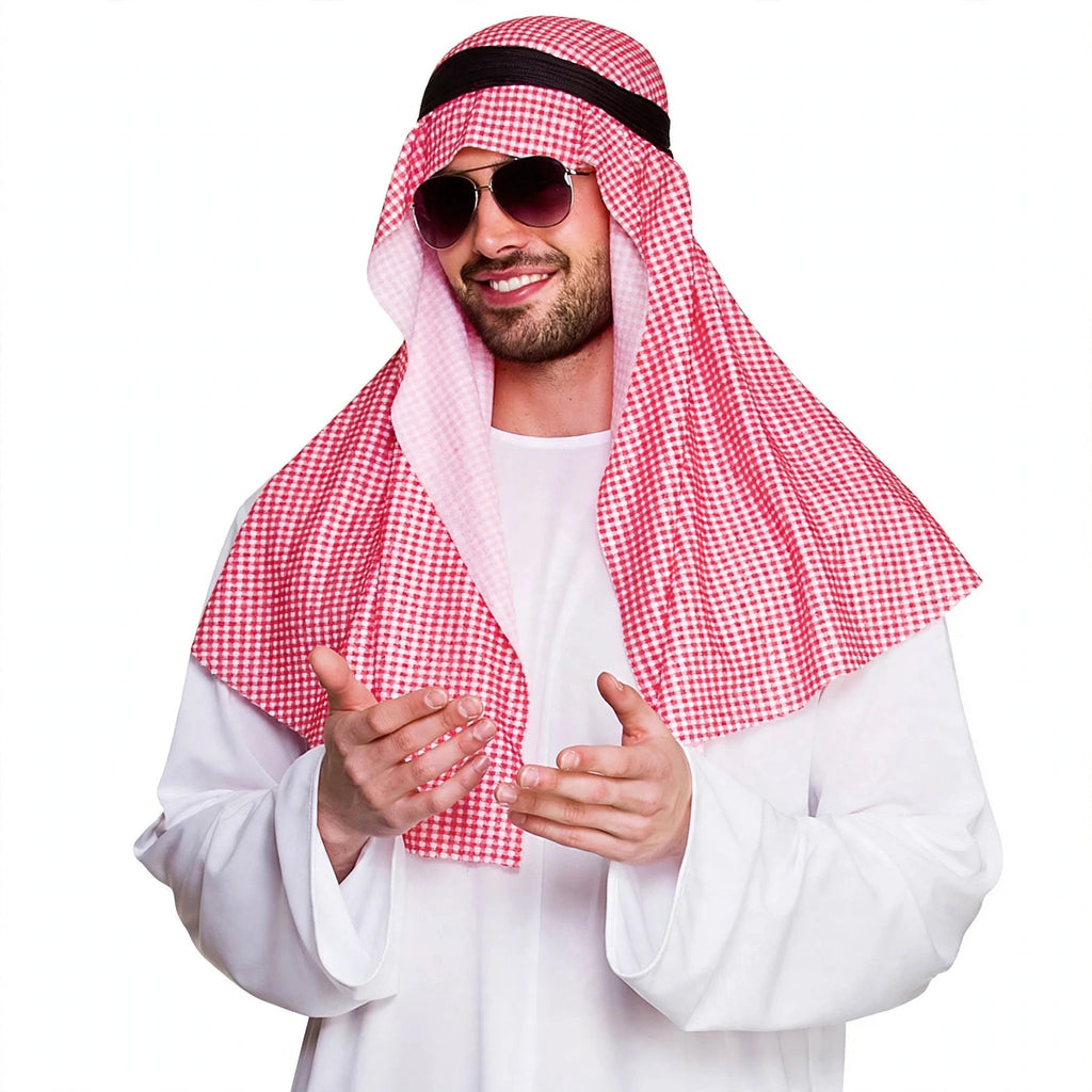 Close-up view of white robe and traditional headpiece of Men's Arab Sheikh costume size large