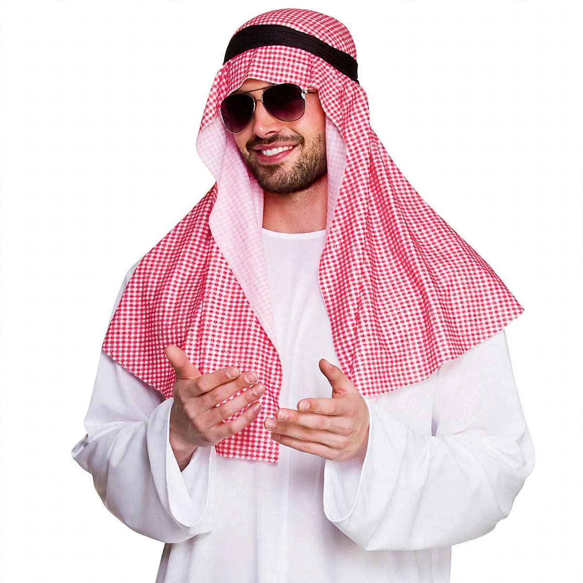 Close-up view of white robe and traditional headpiece of Men's Arab Sheikh costume size large