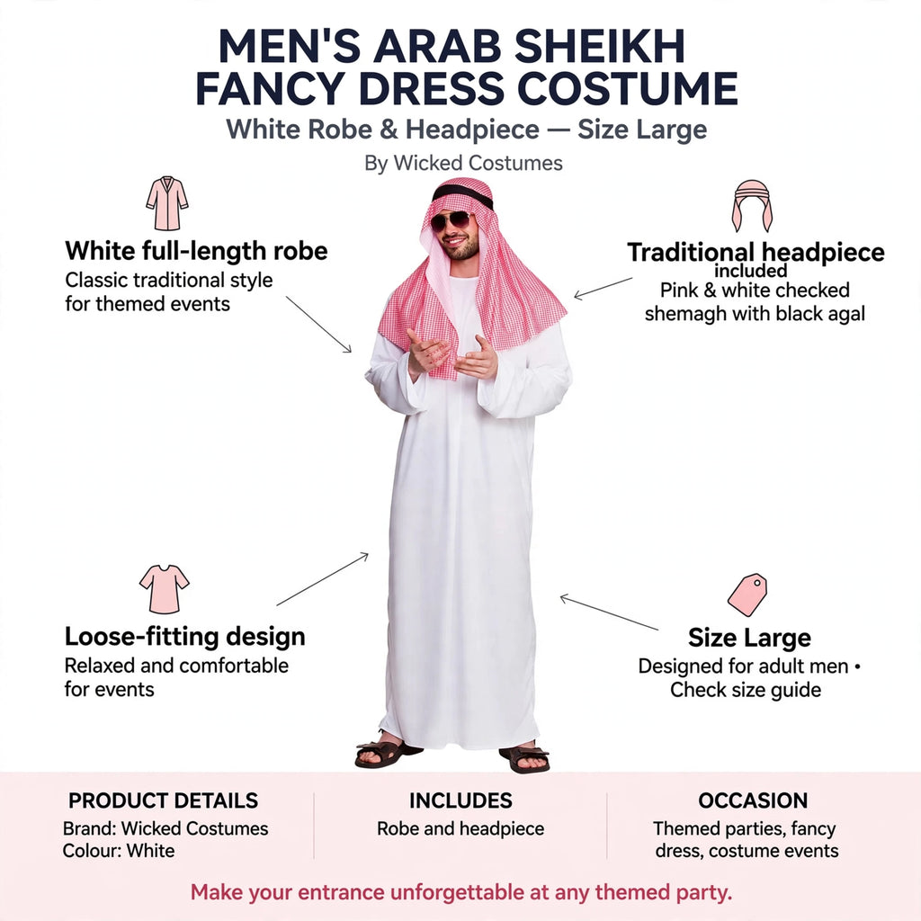 Infographic showing white full-length robe, traditional headpiece, loose-fitting design, and size large