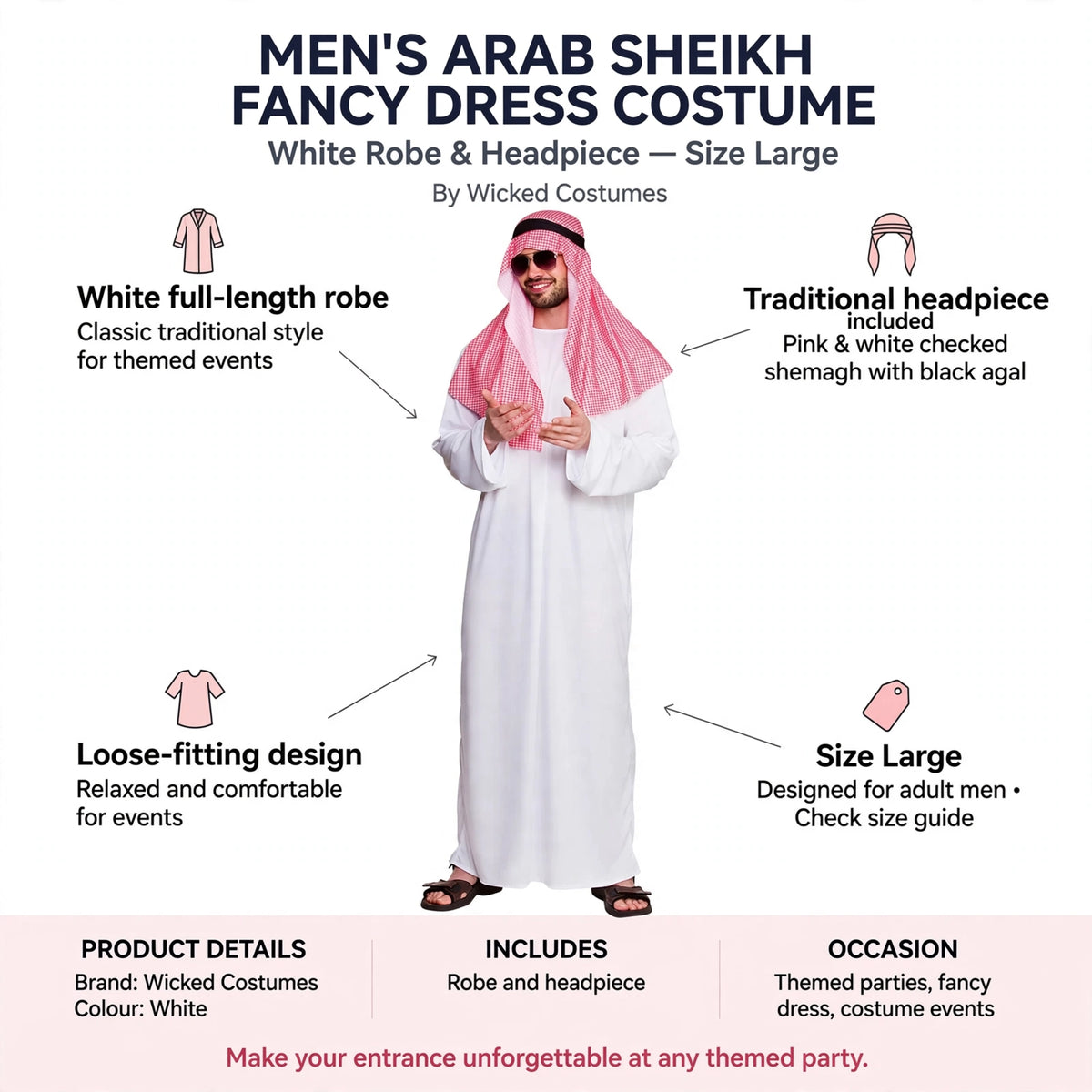 Infographic showing white full-length robe, traditional headpiece, loose-fitting design, and size large
