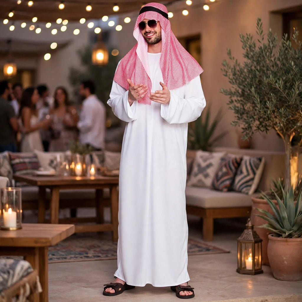 Men wearing Men's Arab Sheikh fancy dress costume with white robe and headpiece at themed party
