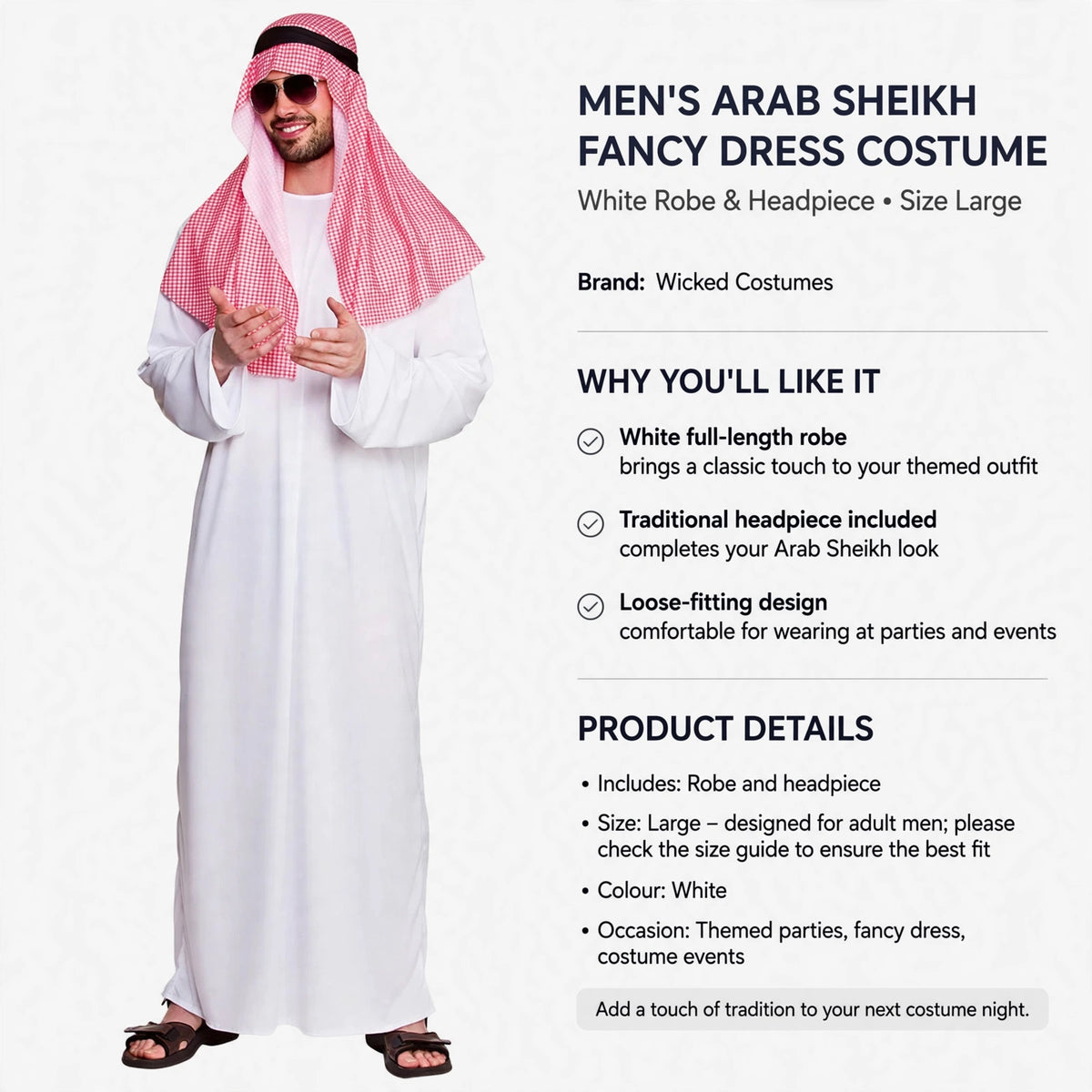 Men's Arab Sheikh costume includes robe and headpiece sized large for adult men