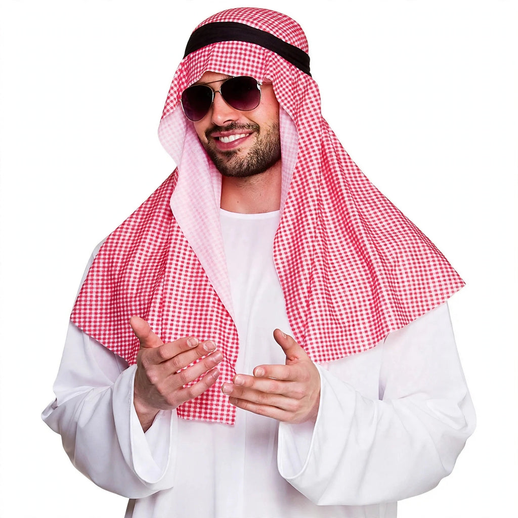 Close-up view of white robe and traditional headpiece included in Mens Arab Sheikh costume size XL